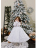 Long Sleeves Beaded White Lace Tulle Flower Girl Dress